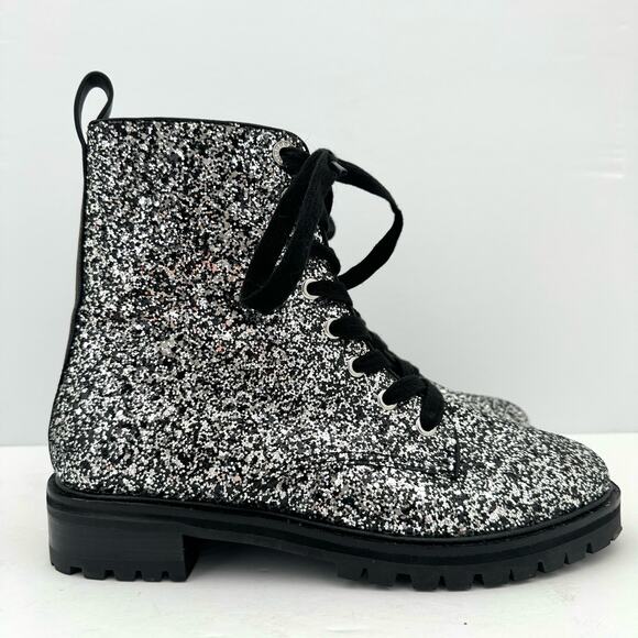 Kate Spade Jemma Silver Glitter Leather Combat Boots Women's 6.5 NEW - Picture 4 of 13